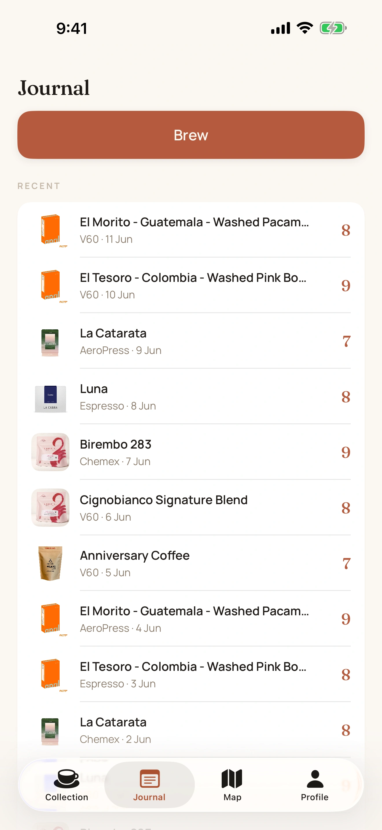 Journal screen with brew entries and ratings